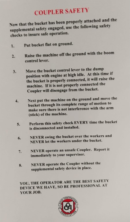 OCA Quick Coupler Safety Decal